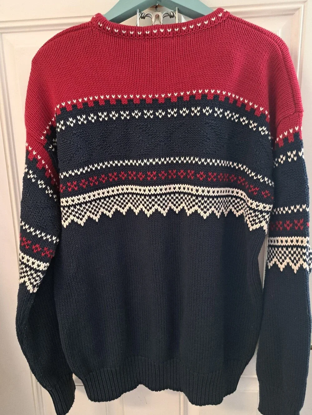 NAUTICA Men's Red, Navy & Cream Fair Isle Crewneck Sweater